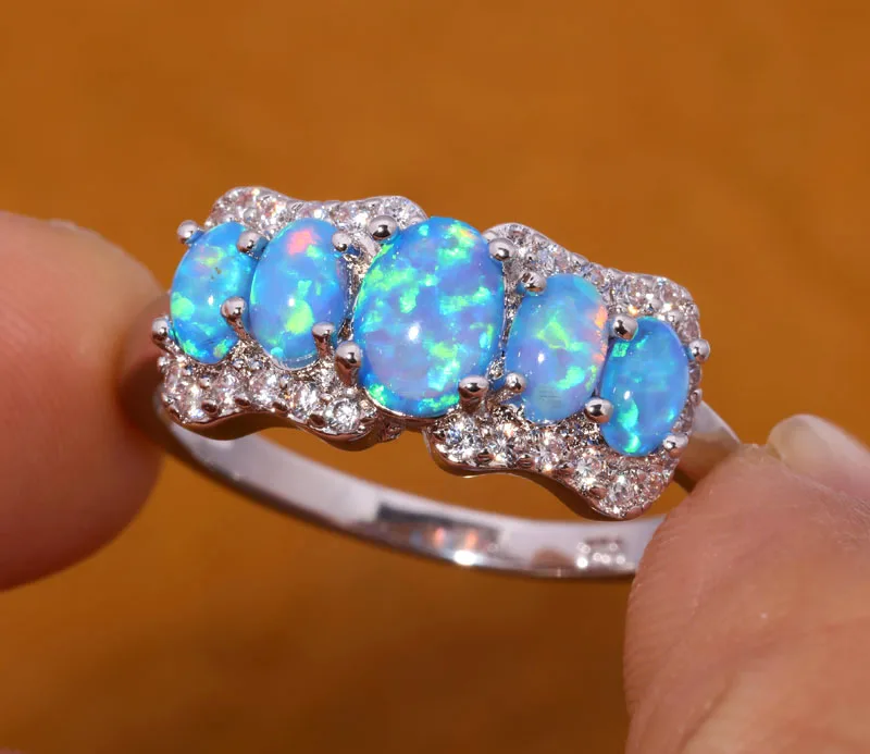 CiNily Created Blue Fire Opal Cubic Zirconia Silver Plated Wholesale Hot Sell for Women Jewelry Ring Size 6 7 8 9 OJ8050
