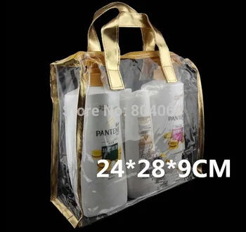 

wholesale size28*24*9cmFast Free shipping. golden and silver clear pvc cosmetic bag,,packing bag gift bag. 100piece\lot