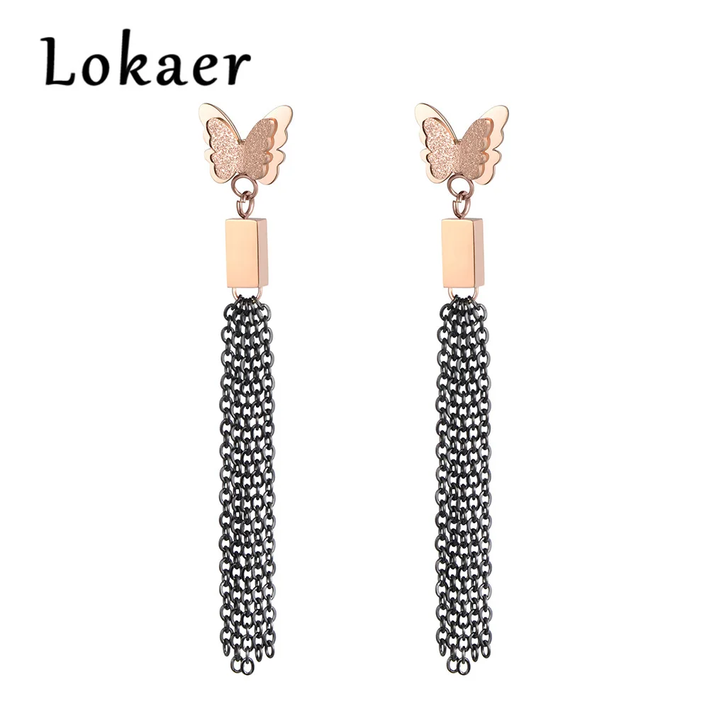 

Loaker Butterfly Stud Earring Rose Gold Color Stainless Steel With Black Color Tassels Fashion Jewelry For Party E18466