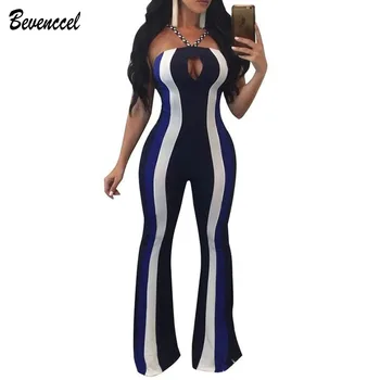 

2020 New Chic Women Bodycon Jumpsuit Summer Spaghetti Strap Elegant Striped Front Split Celebrity Party Bandage Jumpsuit
