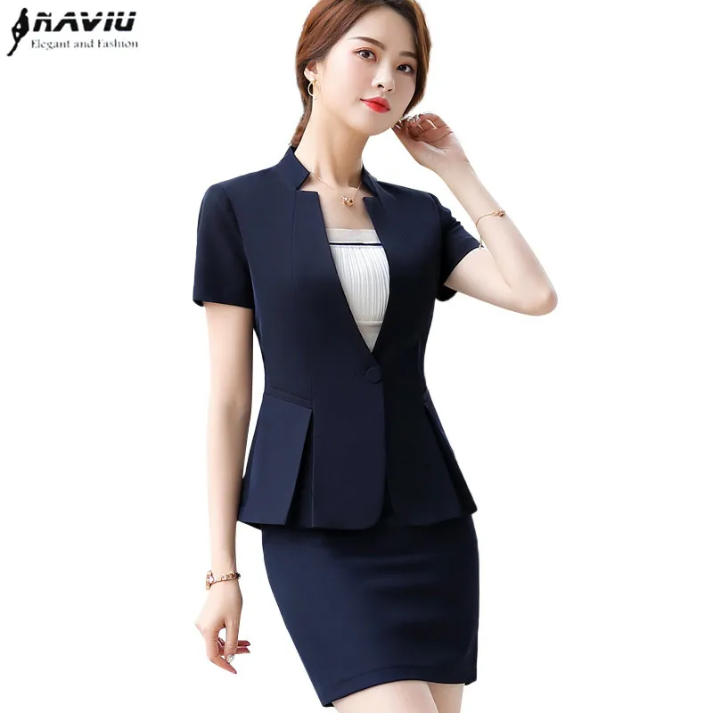 

New Fashion summer clothes for women two piece set hight quality short sleeve blazer and skirt office ladies formal workwear