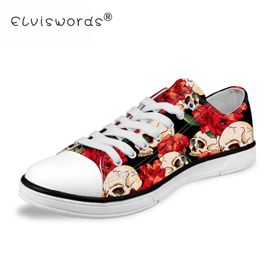 

ELVISWORDS Fashion Women Canvas Shoes Skull Printing Low Canvas Shoes For Girls Vulcanized Shoes Comfortable Ladies Leisure Flat