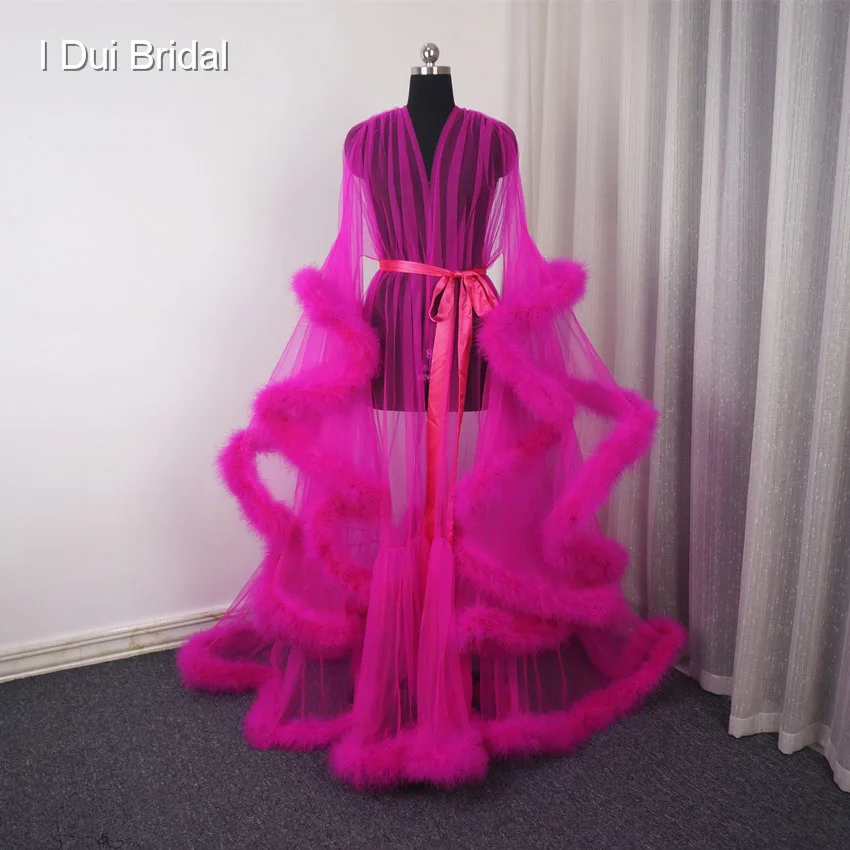 Fuchsia Feather Tulle Evening Dress Long Sleeve Robe Scarf Party Gown School Dance Dress Fuchsia Feather Tulle Evening Dress Long Sleeve Robe Scarf Party Gown School Dance Dress