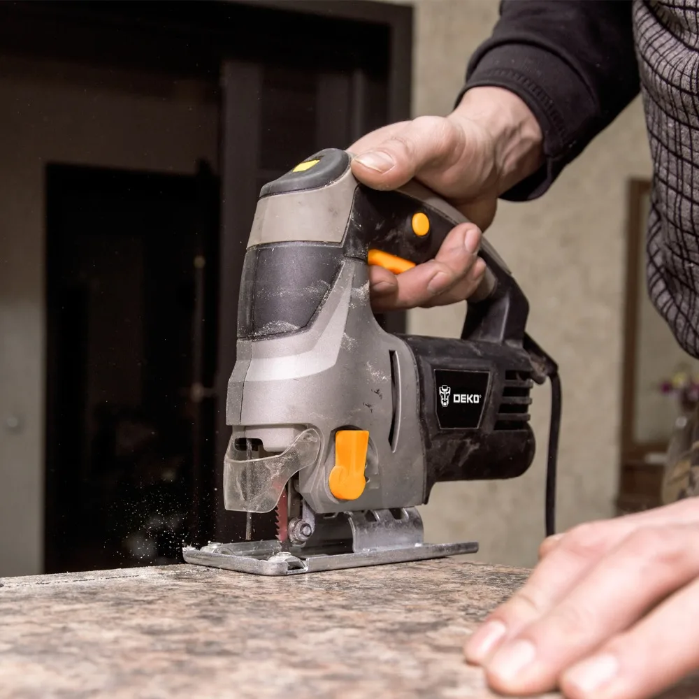 Cheap DEKO DKJS80Q1 800W Power Tool 6 Variable Speed Jig Saw with Laser Guide Electric Jigsaw with 6 Pieces Blades, Allen Wrench