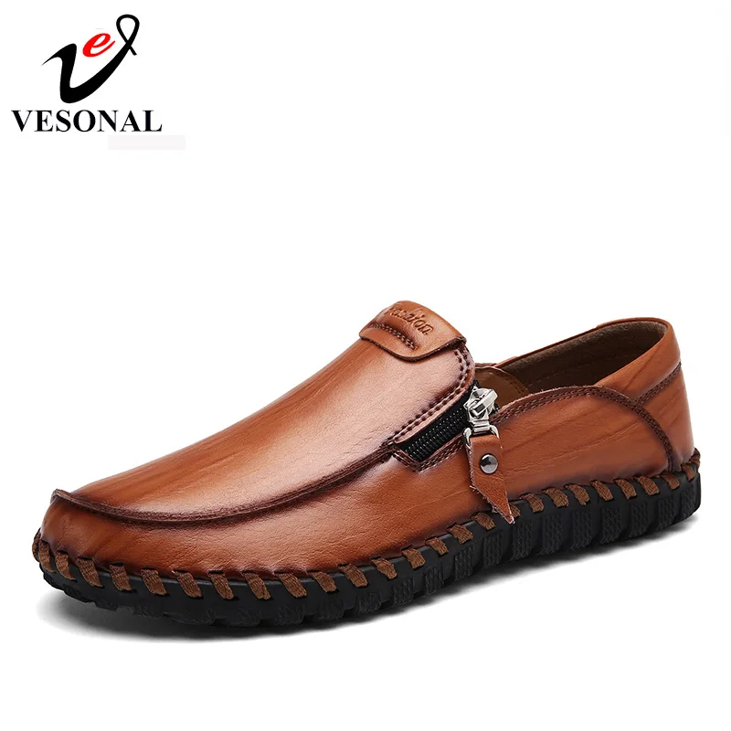 

VESONAL 2019 Brand Handmade Casual Footwear Men Shoes Adult Male Loafers Leather Autumn Driver Walking Zipper Ons Breathable