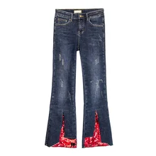 Весенне-летние модные женские Лоскутные Джинсовые брюки длиной до щиколотки с блестками, Осенние потертые Стрейчевые узкие джинсовые брюки для женщин