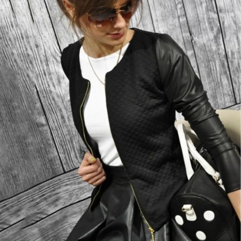 

Press Cotton Leather Jackets for Girls Black White Patchwork Autumn Winter Coat Slim Short Zippers Bomber Jackets Women