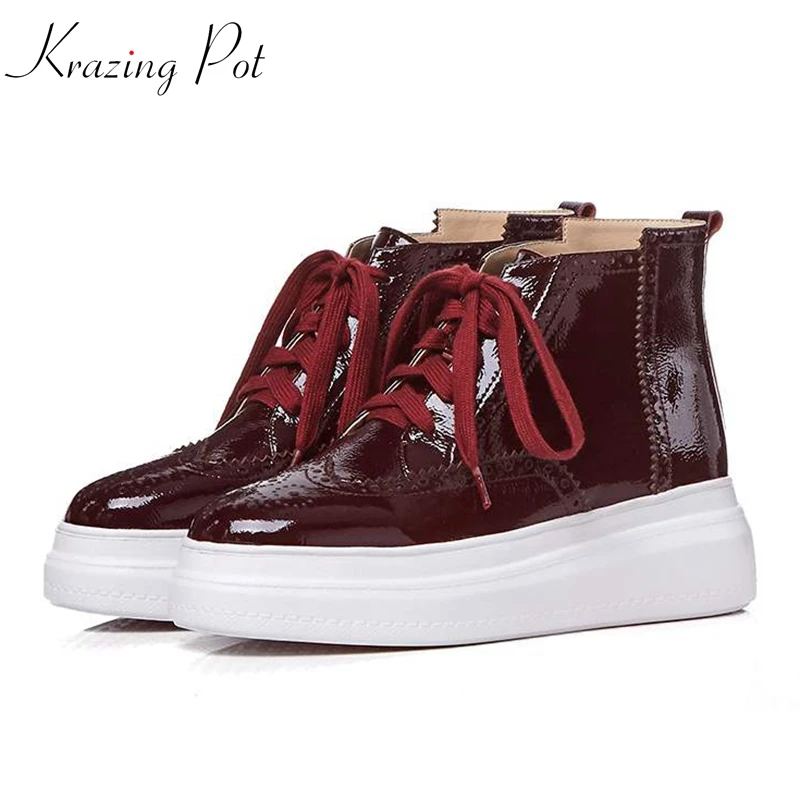 

Krazing Pot cow leather British school vintage round toe flat platform cross-tied lace up winter oxfords hollow ankle boots L7f9