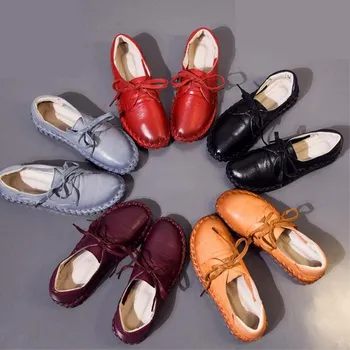 

Leather women's shoes 2019 spring and autumn new fashion wild round head with lace trend flat shoes hot comfortable casual shoes