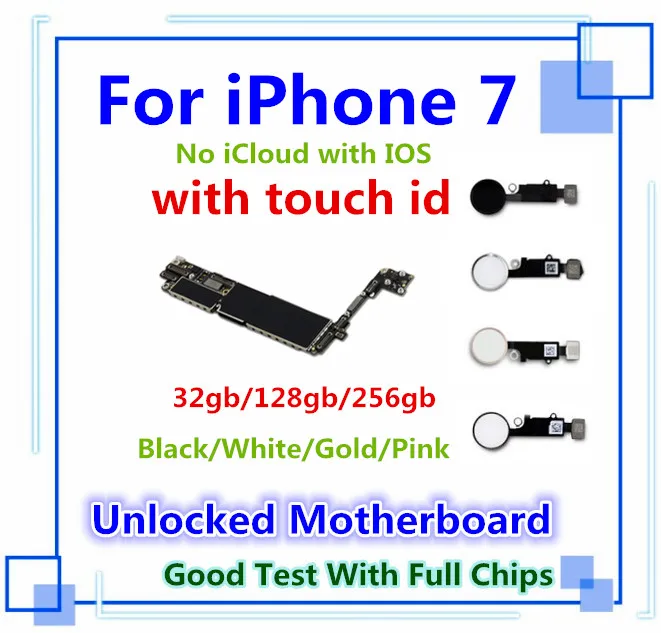

For iPhone 7 Motherboard WITH TOUCH ID UPDATED IOS System 100% Unlocked Mainboard With Full Chips 32GB 128GB 256GB Logic Board