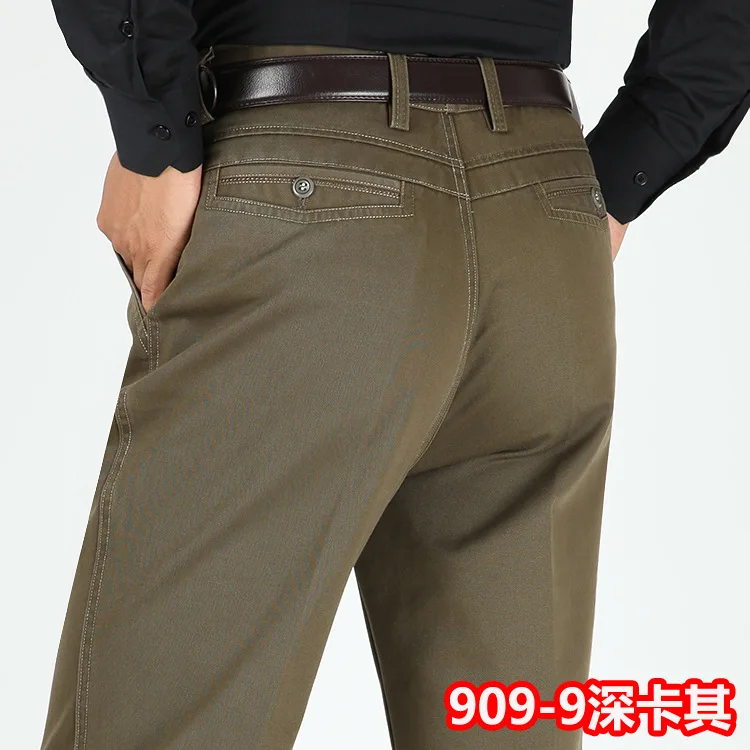 Осенние зимние толстые мужские повседневные брюки с высокой талией, удобные прямые брюки для мужчин среднего возраста, хлопковые брюки для отдыха - Цвет: 9091 khaki