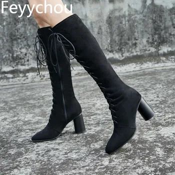 

Women Boots Autumn Winter High Heel Warm Knee-High Square Toe Zip Lace Up 2018 Sexy Fashion Flock Martin Boots Black Size 34-48