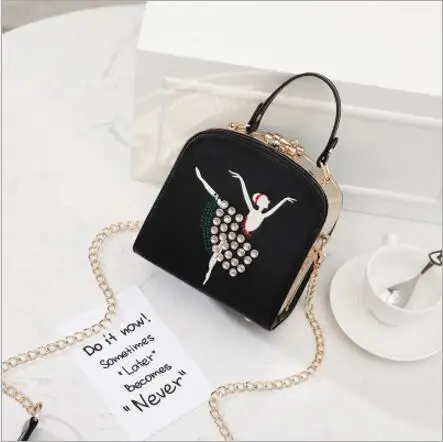 

New Arrival Crystal Dancing Girl Chain PU Leather Women Messenger Bag Crossbody Handbag Lock Shoulder Bag