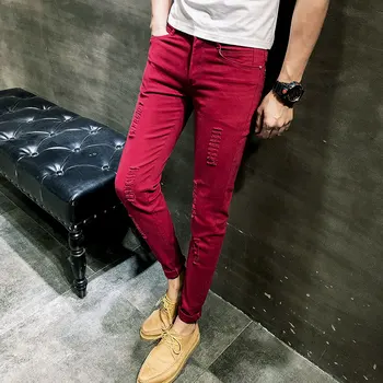 

2019 summer Slim men's trousers regular men's tide wine red micro-elastic pants youth popular casual pants