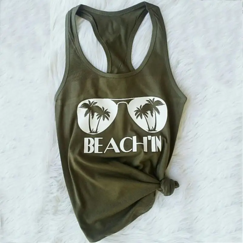 

Plus Size Tank Tops Fashion Ladies Letter Print Summer Women 3XL Tank Tops Beach'in Glasses O-Neck Tank Oversize Tanks Top Tees