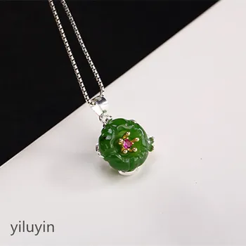 

KJJEAXCMY Fine jewelry S990 pure silver peacock peacock hollowed mosaic jade blue sand stone Hong Kong Jade Pendant