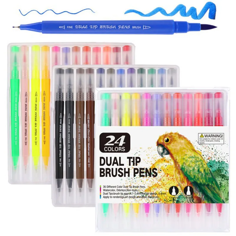 12/18/24/36/48/72/100PCS Colors FineLiner Dual Tip Brush Pens Drawing Painting Watercolor Art Marker Pens School Supplies - Color: 24colors