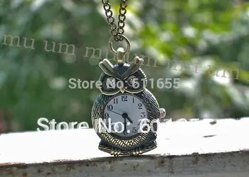 

Free shipping,hot,wholesale,10pcs fashion New bronze necklace crystal Chain Pendant quartz mini owl Pocket Watches for man WP175