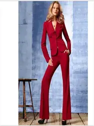 Цвет красного вина Slim Fit женские деловые костюмы женские офисные форма Формальные комплект из 2 предметов