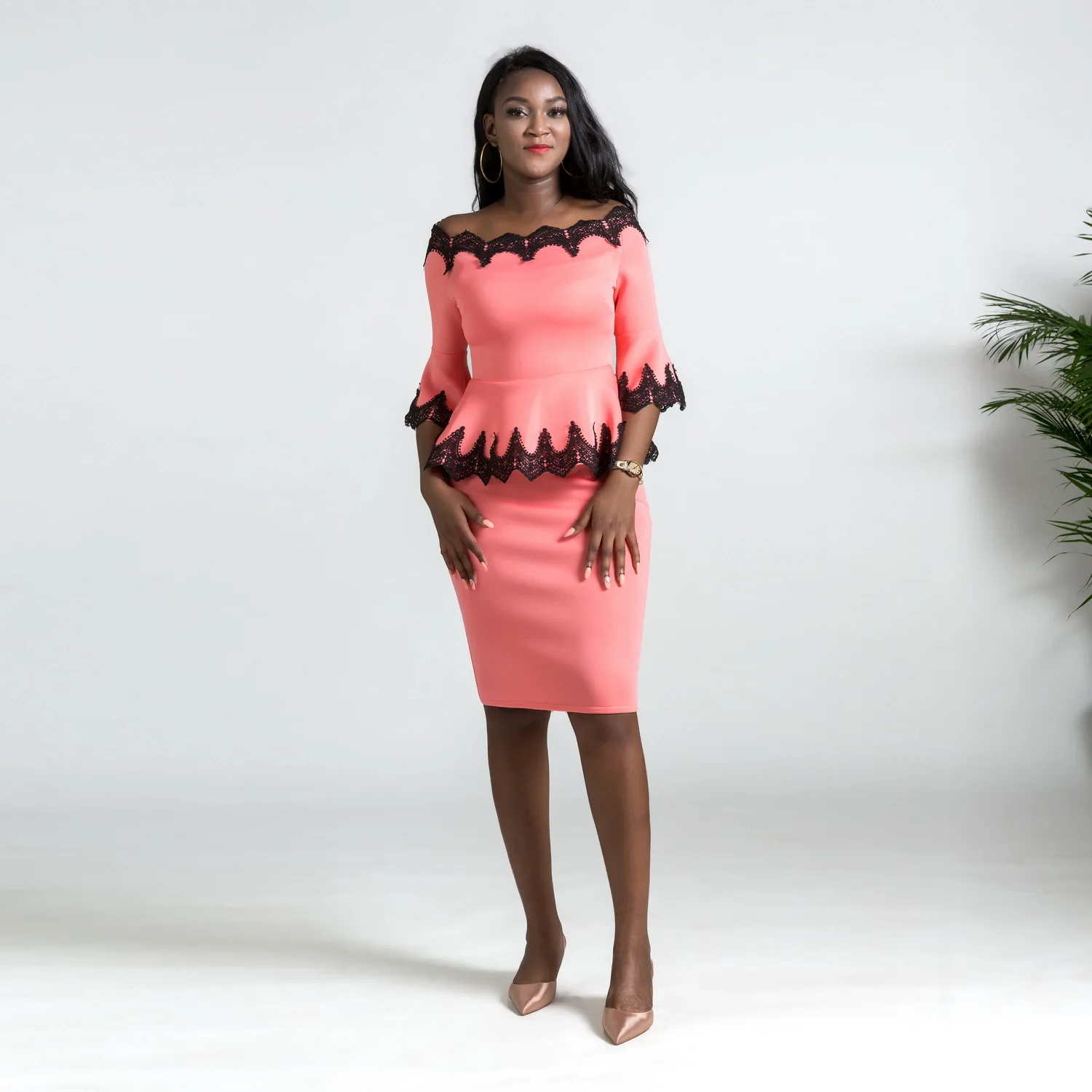Женские комплекты из двух предметов, африканская мода, с открытыми плечами, тонкая скромная Офисная Рабочая одежда, юбка-карандаш, пэчворк, кружевные Элегантные скромные костюмы - Цвет: Розовый