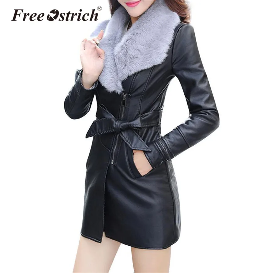 

Free Ostrich Leather Jacket Winter Long Women Warm Velvet Coat Slim Sashes Zipper Fur Turn-down Collar Motorcycle Jacket O26