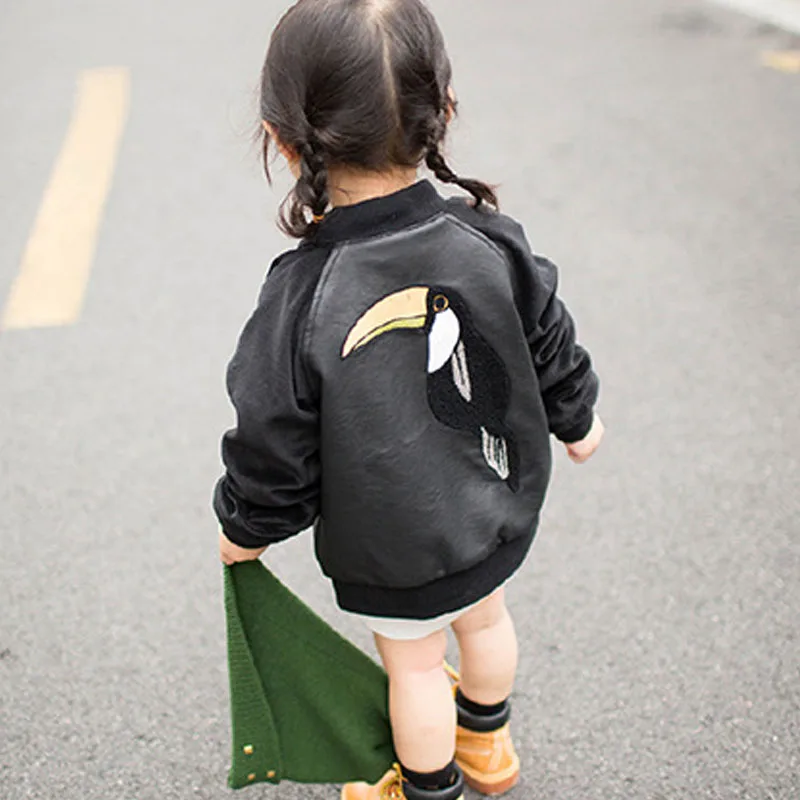 

BBK Boys& girls baby coat paragraph leather jacket cute thin section of the Spring&Autumn Children Outerwear black Birds kids C*