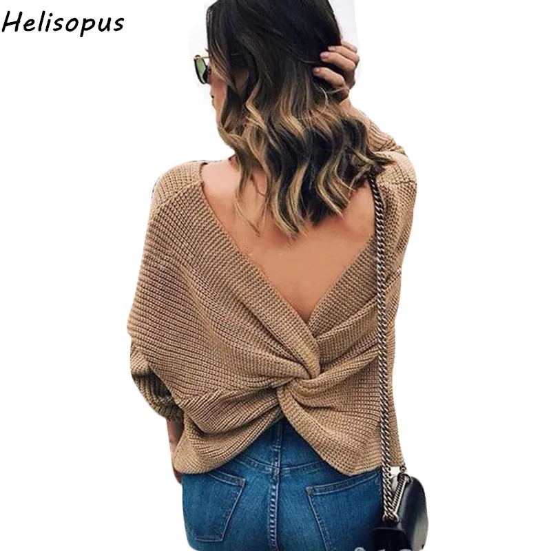 Cena Helisopus 2019 moda damska seksowna dzianina ciepłe pulowery dzianinowe swetry V neck Chic Backless krzyżowe wiązanie węzeł swetry damskie