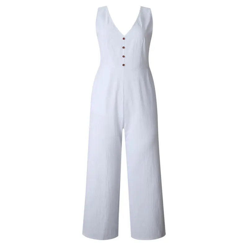 Summer Loose Cotton Button Pocket Deep V neck Wide Leg Jumpsuits For Women 2019 Rompers Womens Jumpsuit Summer Loose Cotton Button Pocket Deep V neck Wide Leg Jumpsuits For Women 2019 Rompers Womens Jumpsuit