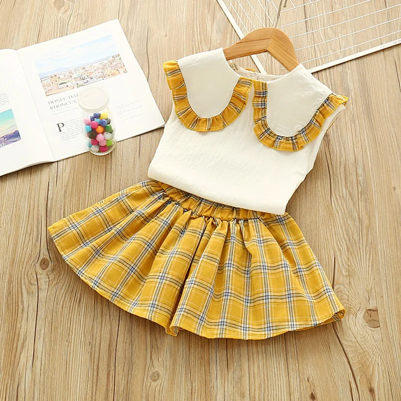 

Summer Girl Clothing Set Sleeveless O-Neck Chiffon Vest+Plaid Skirt 2PCS Kids Clothes Fashion Children Sets Toddler Babe Clothes