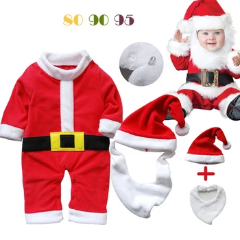 

Red Flannel Christmas Baby Romper Boy's Santa Claus Clothes 3pcs Set Jumpsuit + Hat + Bibs for 0-2 Y Toddlers Infant Outwear