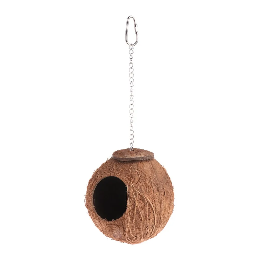 

Bird Parrot Finch Nest Natural Coconut Shell Hanging Chain Cage Toys Swing House