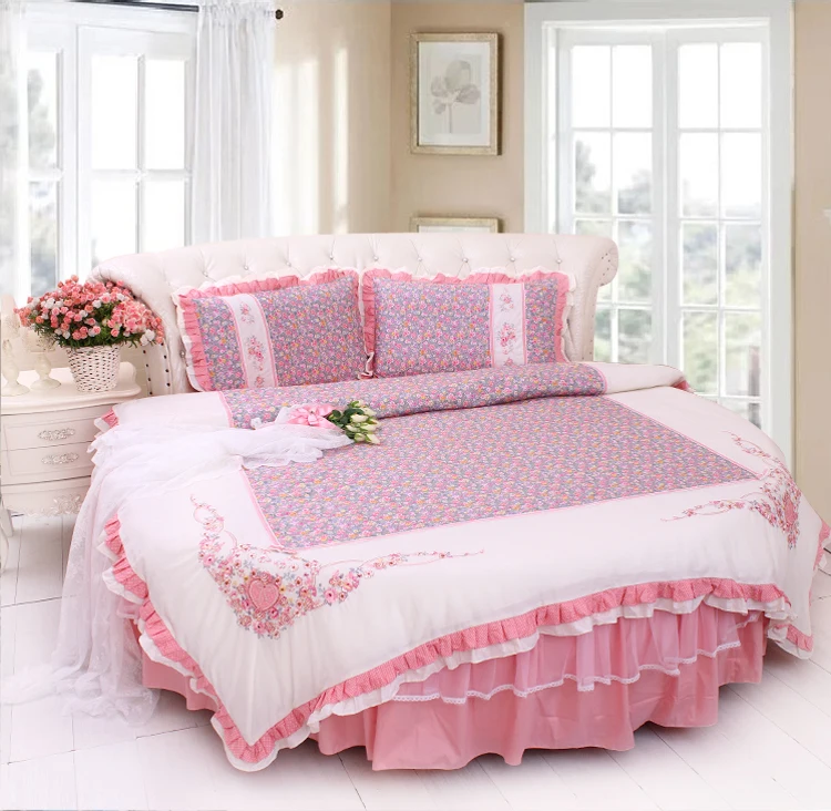Top LACE ROUND Corner Bed Europe Orange color Flower Bedding sets Cotton Round Double Bed sheet Duvet cover Pillow case Bedskirt 47