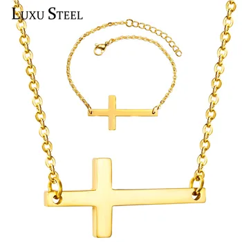 

LUXUSTEEL collar Necklace Bracelets Sets Stainless Steel Cross Jewelry Gold Silver Color Link Chains Necklace 2020 Women Men