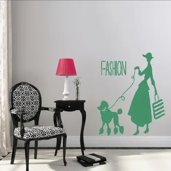 

Wall Decal Vinyl Dog Sticker Woman With Poodle Dog Poodle Dog Fashion Wall Art Decor Design Removable Mural Poster DIY WW-363