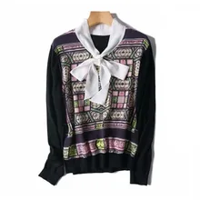 Полушерстяного трикотажа Женская мода шелк сплайсированные печатных галстук-бабочка воротник футболки Тонкий свитер в стиле пэчворк черный M/L оптом и в розницу