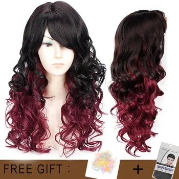 

Long Wavy Red Black Hair Mix Color Women Wigs Heat Resistant Synthetic wigs with bangs for Women African American Natural Hair