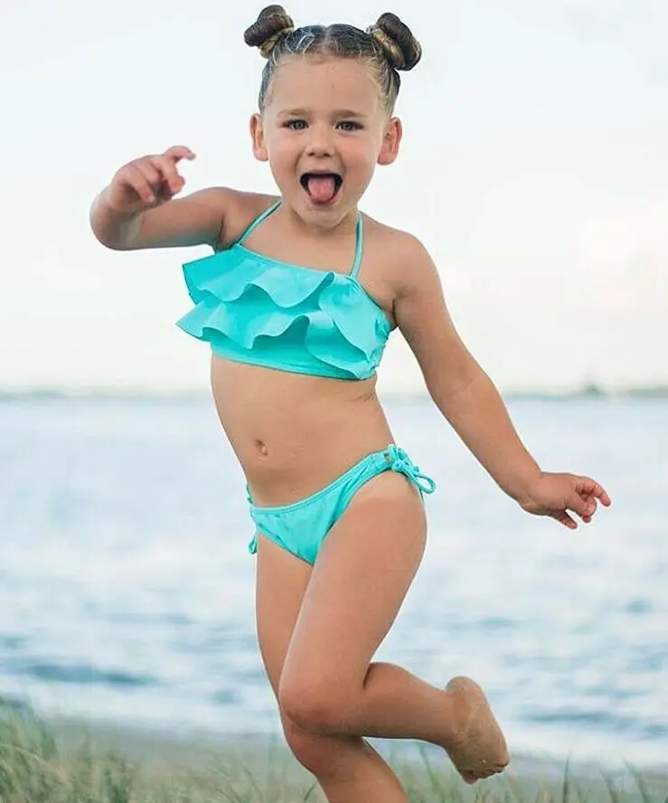 Hot Toddler Baby Girls Kids Swimsuit Tankini Bikini Set Solid Ruffles Bandage Halter Swimwear Summer Beachwear Bathing Suit | Спорт и