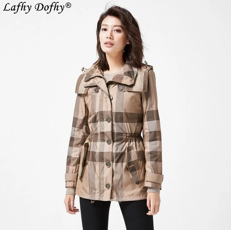 

Springtime new style windproof drawstring hooded handsome england lattice classic outdoor wind single-breasted windbreaker 255