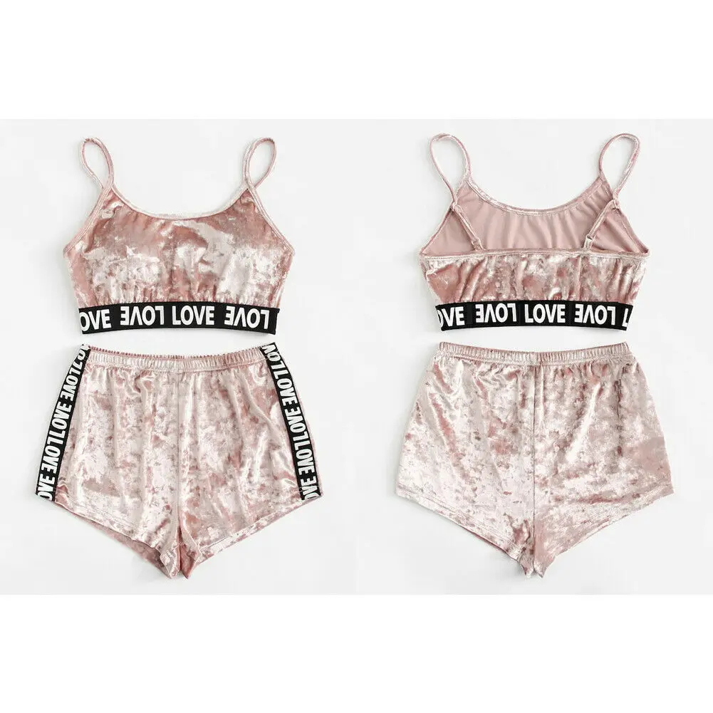 

UK Women 2PCS Set Jumpsuit Sexy Pajamas Sets Velvet Crop Tops + Shorts