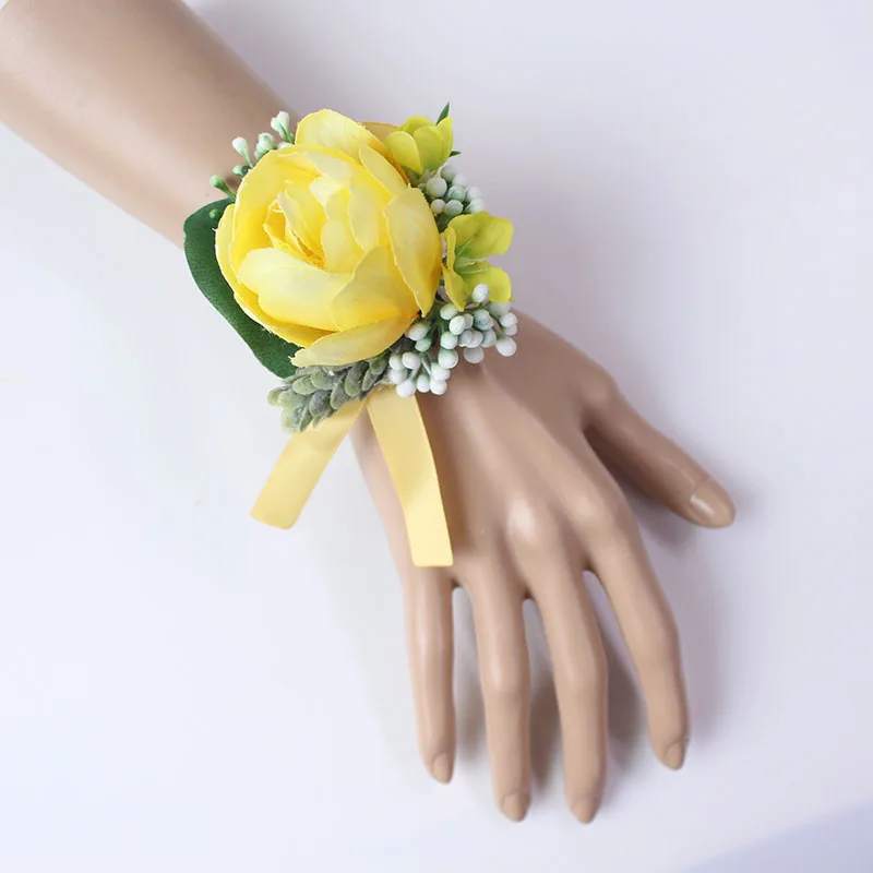 15098-Boutonniere Flowers wedding wrist corsage flowers silk roses yellow  (12)