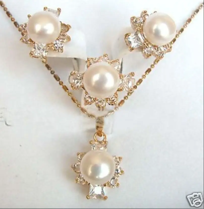 

FREE SHIPPING3 colors- nice cultured pink/white/black pearl 18KGP CZ ring pendant earring set