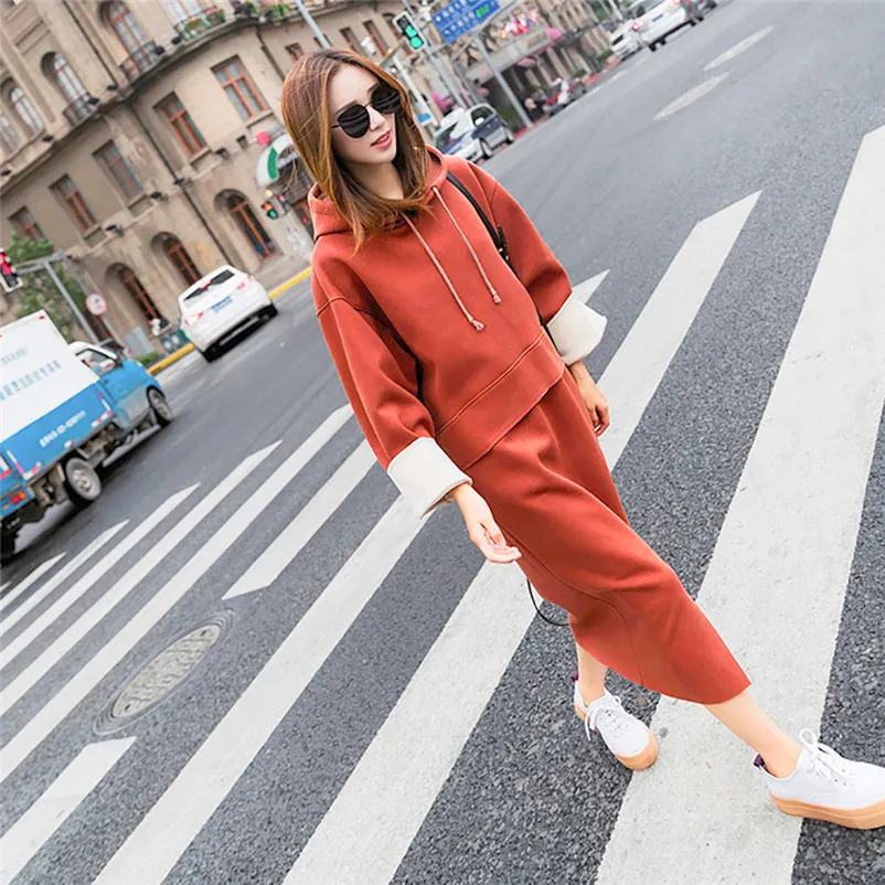 Two-Piece Women's Hooded Skirt Sportswear Sweatshirt Sportswear long sweater skirt women's clothing conjuntos de mujer 3D05 (12)