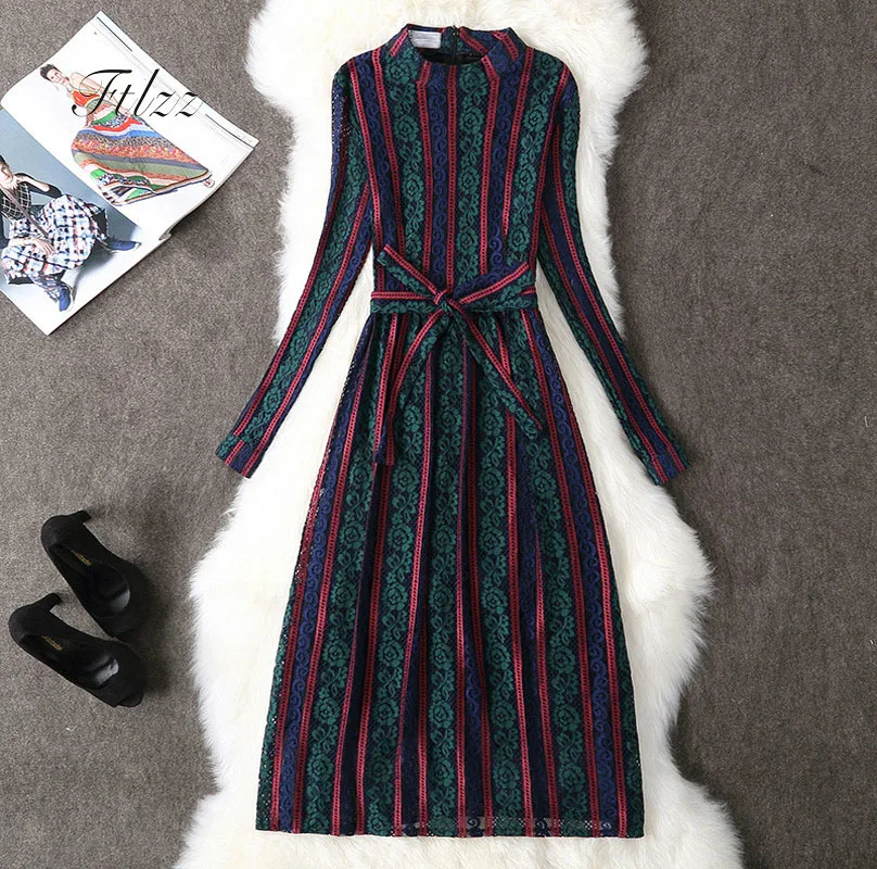 New 2018 Spring Autumn Vintage Dress Women Slim Patchwork Lace Long Robe Fashion Ladies Sleeved Casual Office Dresses | Женская одежда