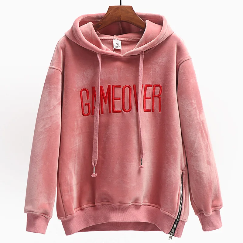 

Velet Hoodies Women Autumn Winter Hooded Coat Warm Fashion Embroidery Letters Sweatshirts Long Sleeved Loose BF Zipper Tracksuit