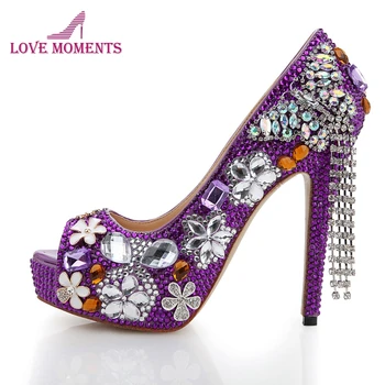 

Purple Rhinestone Wedding Shoes 2016 Handmade Butterfly Tassel Bridal Dress Shoes Peep Toe High Heel Platform Party Prom Pumps