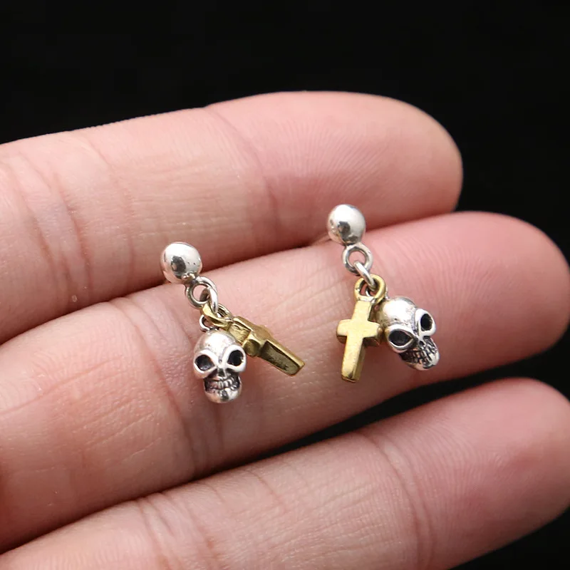 

Real Pure 925 Sterling Silver Skull Earrings For Women With Gold Color Jesus Cross Pendant Vintage Style Dangle Drop Earrings