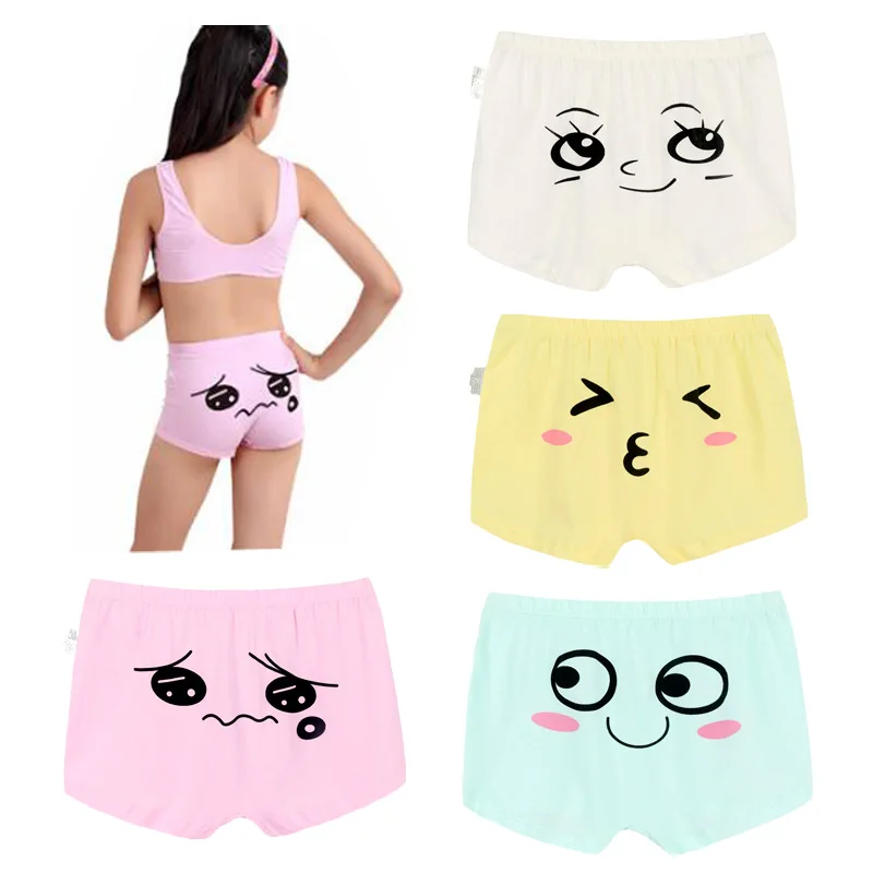 

4pcs/lot Puberty Young Girls Underwear Children Students Kids Cute Expression Panties Cotton Boxer High Quality(size 120 to 170)