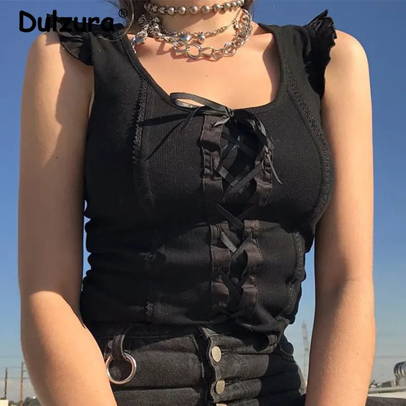 

Ins New Retro Lace Up Solid Tank Top Women Summer Fashion Ruffles Slim Camisole Tops Brand Harajuku Sleeveless Sling Female