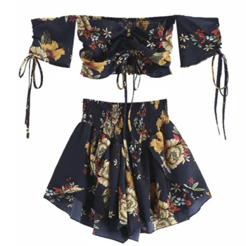 

Women Off Shoulder Crop Top Cinched Floral Slash Neck Beach Boho Short Sleeves High Waist Shorts Set