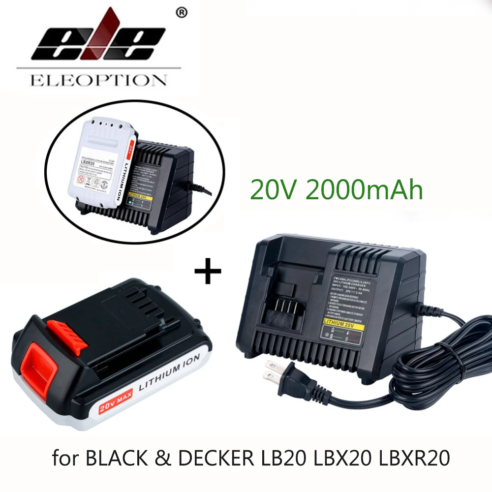

High Quality 20V Li-ion 2000mAh Rechargeable Power Tool Replacement Battery for BLACK & DECKER LB20 LBX20 LBXR20 + Charger